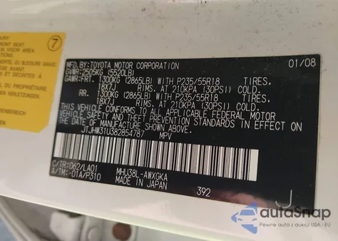 2008 Lexus Rx 400H z USA, uszkodzony, nr VIN JTJHW31U382854787